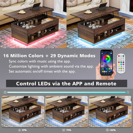 HOMMPA Lift Top Coffee Table with Hidden Storage LED Coffee Table Dark Walnut Living Room 3 Tiers Tea Table with Storage Center Tables Hidden Compartment & 2 Open Shelves HOMMPA