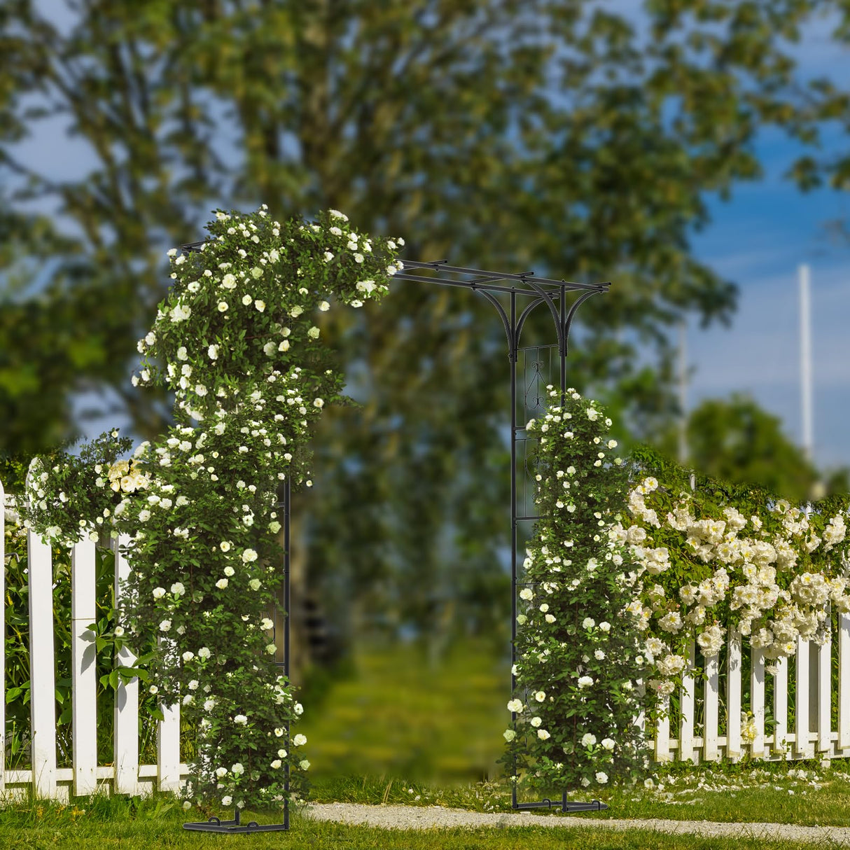 OUSHENG 7FT Garden Arch Arbor with Ground Stakes, Steel Frame Stand Trellis for Climbing Plants, Outdoor Archway Gate for Wedding Ceremony Decoration Party Vines Lawn Courtyard Patio Backyard OUSHENG