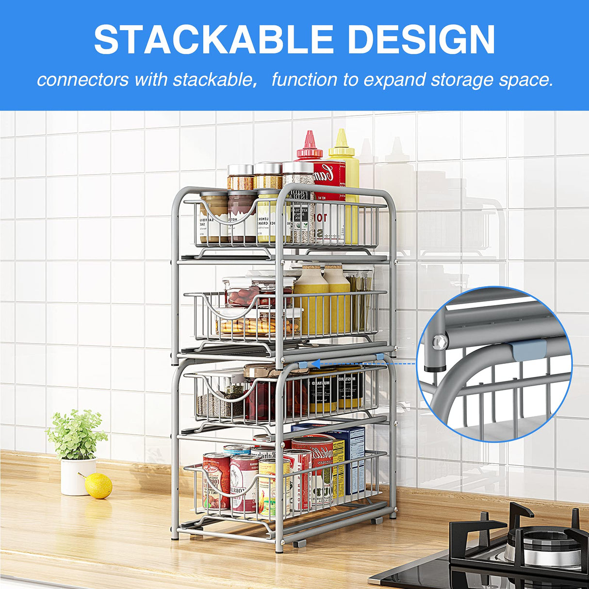 AIYAKA under sink storage 2 Tier Stackable Sliding Basket Organizer Drawer For Kitchen And Bathroom/Cabinet Drawers,silver AIYAKA
