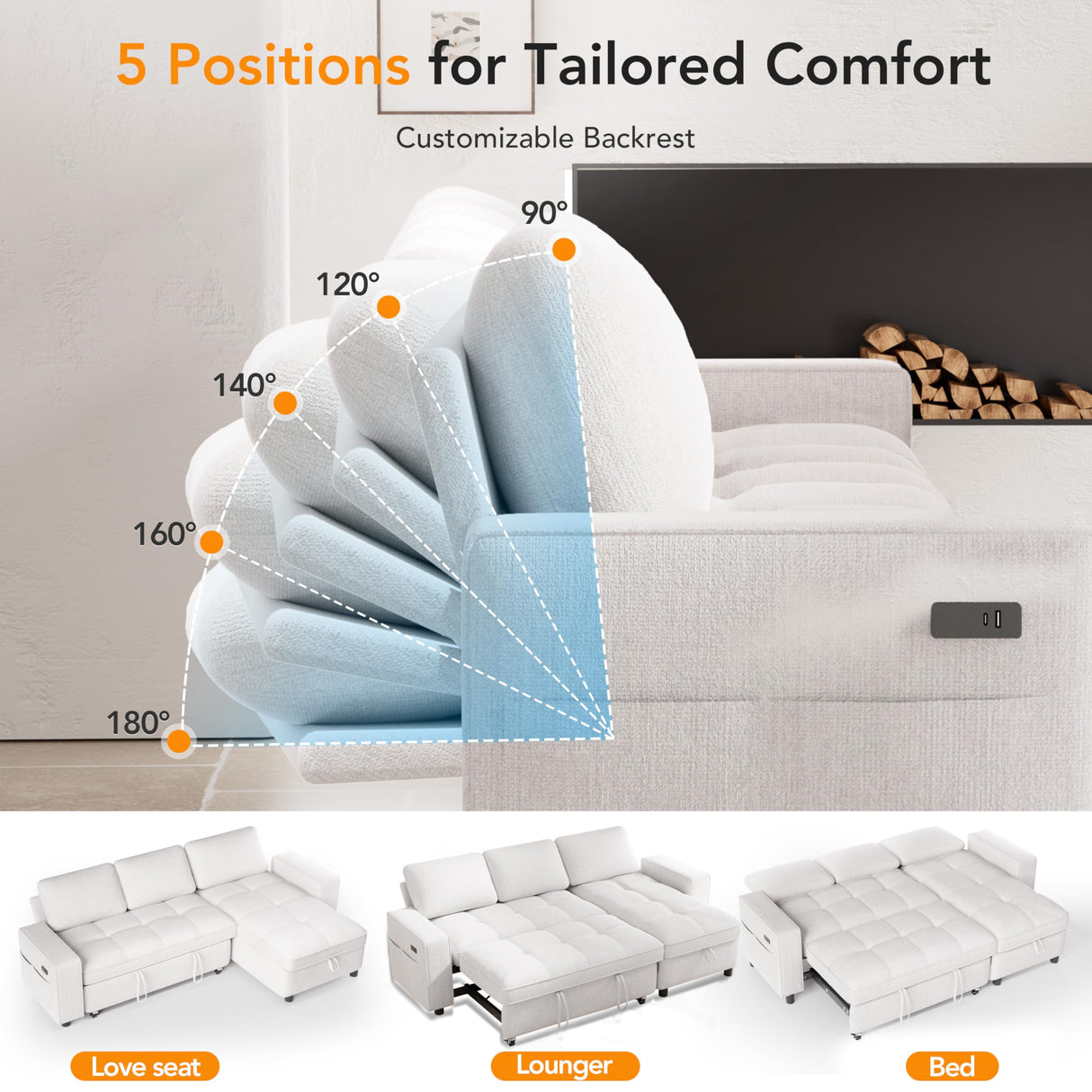 Vipbear 81" Sectional Sleeper Sofa Bed with Pull Out Bed, L Shaped Couch Sleeper Sofa, Pull Out Couch with Reclining Backrest, Reversible Storage Chaise, USB Ports, Tool-Free Assembly, Chenille Beige Vipbear