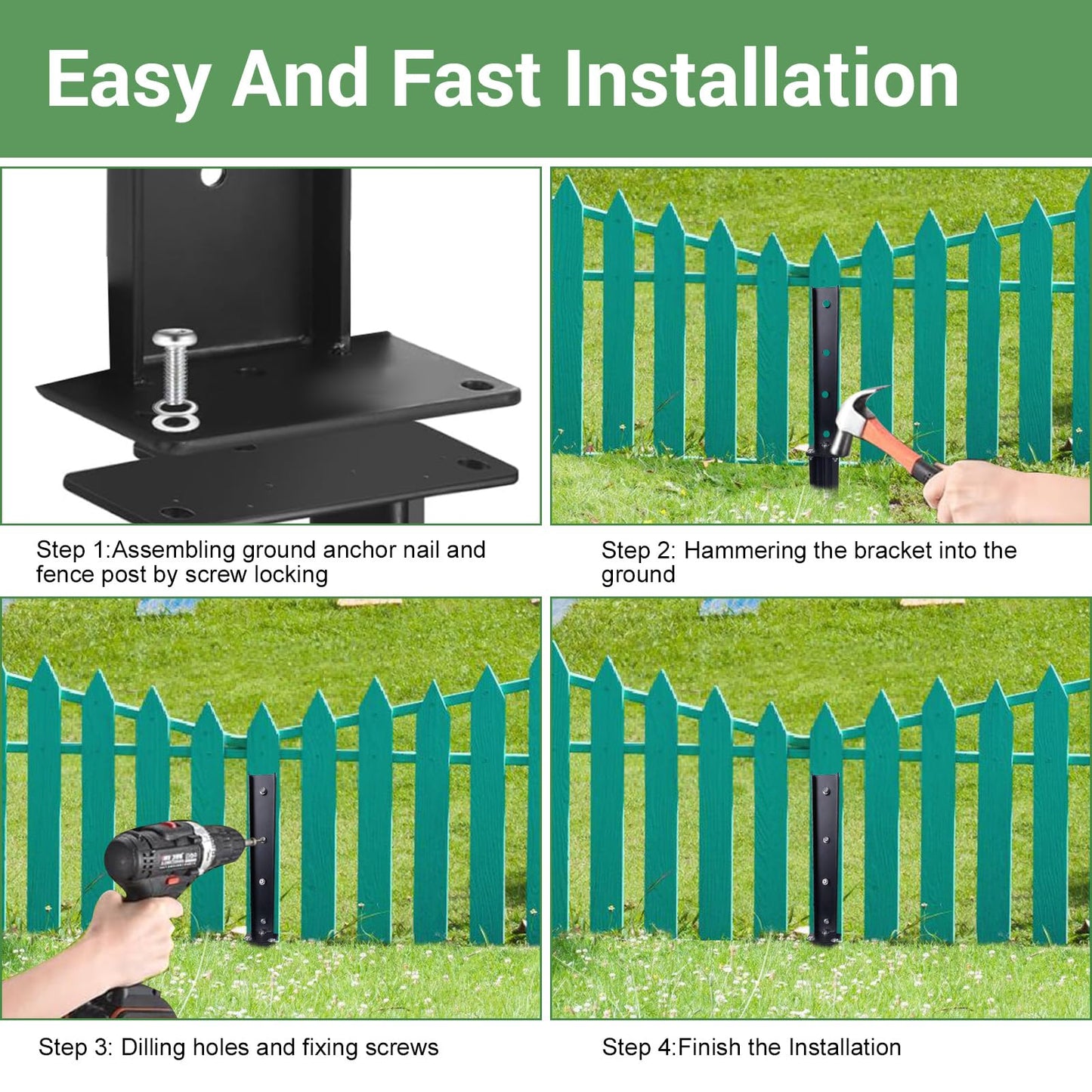 2 Pack Fence Post Repair Kit， Fence Post Anchor Kit, Heavy Duty Steel Fence Post Repair Stakes, Fence Post Anchor Ground Spike for Repairing Tilted Broken Wooden Fence Post, Black - WoodArtSupply