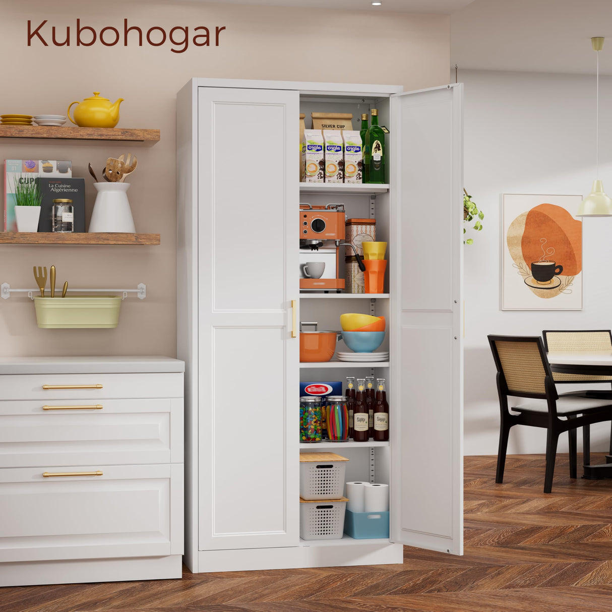 Kubohogar 71" Tall Metal Pantry Cabinet, White Kitchen Pantry Storage Cabinet with 4 Adjustable Shelves and Gold Handles, Cupboard for Kitchen, Dining Room, Living Room, Bathroom Kubohogar