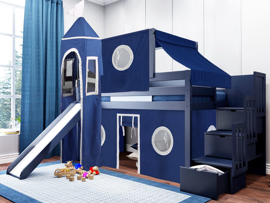 JACKPOT! Castle Stairway Low Loft Bed with 3 Drawers, Slide, Blue and White Tent and Tower, Twin, Blue