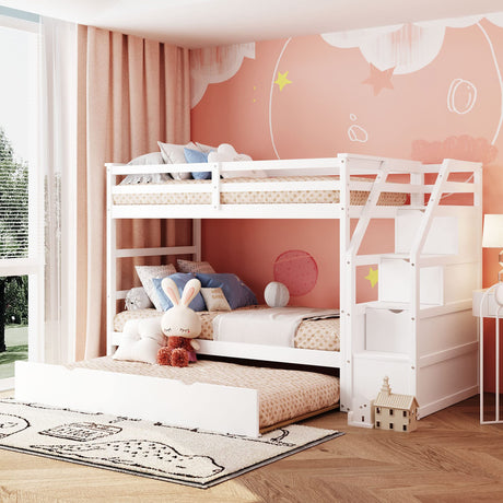 Harper & Bright Designs Bunk Beds Twin Over Twin with Trundle, Wood Twin Over Twin Bunk Bed with Stairs, Twin Bunk Beds with High Length Guardrail for Kids Teens Adults, White Harper & Bright Designs