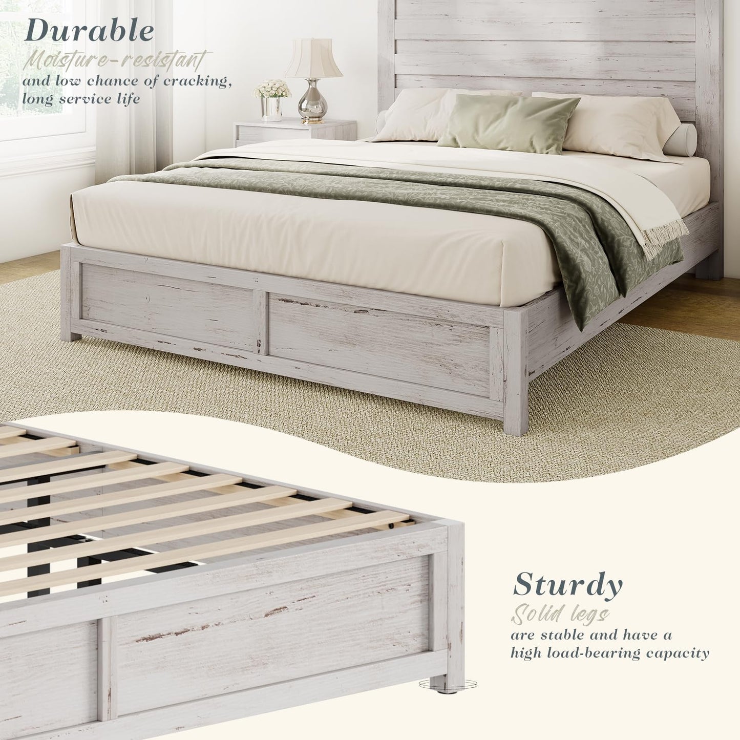 Albott Distressed White Queen Size Wood Platform Bed Frame with Stylish Headboard for Modern Farmhouse Decor