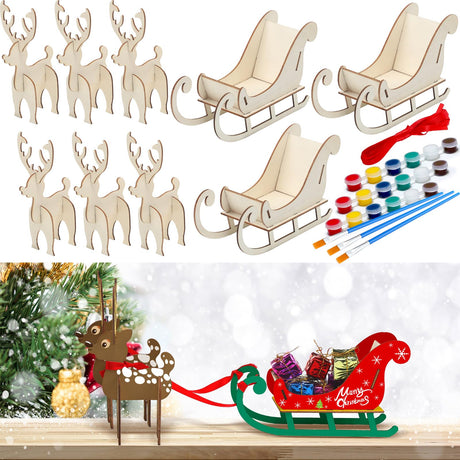 Motiskyy 3 Set DIY Wood Christmas Crafts Kits Unfinished Sleigh and Reindeer Miniature Wooden Model 3D Painting Wooden Sleigh Decorations for Xmas Home Decor Craft Supplies Motiskyy