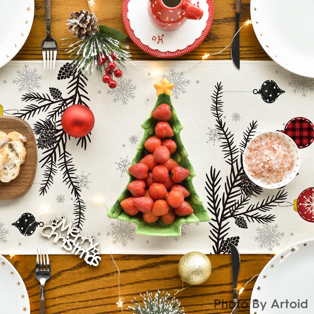 Artoid Mode Red Pine Trees Merry Christmas Table Runner, Winter Xmas Holiday Kitchen Dining Table Decoration for Home Party Decor 13x72 Inch Artoid Mode