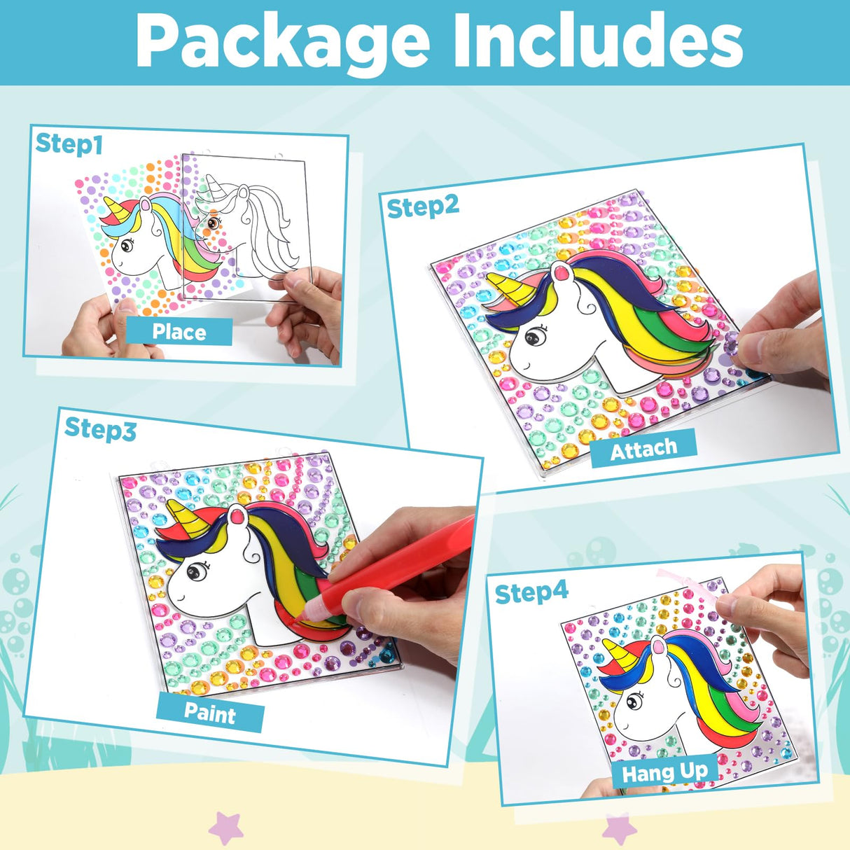 Qyeahkj 4 Pcs Suncatcher Kits DIY 2-in-1 Gems and Gels Art Kit Unicorn Window Art Craft Toys Supplies Unicorn Painting Hanging Decor Christmas Birthday Gift for Home Family Activities Qyeahkj