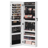 SONGMICS Jewelry Cabinet Armoire, Lockable Wall-Mounted Organizer Unit with 2 Plastic Cosmetic Storage Trays, Full-Length Frameless Mirror, White UJJC001W01 SONGMICS
