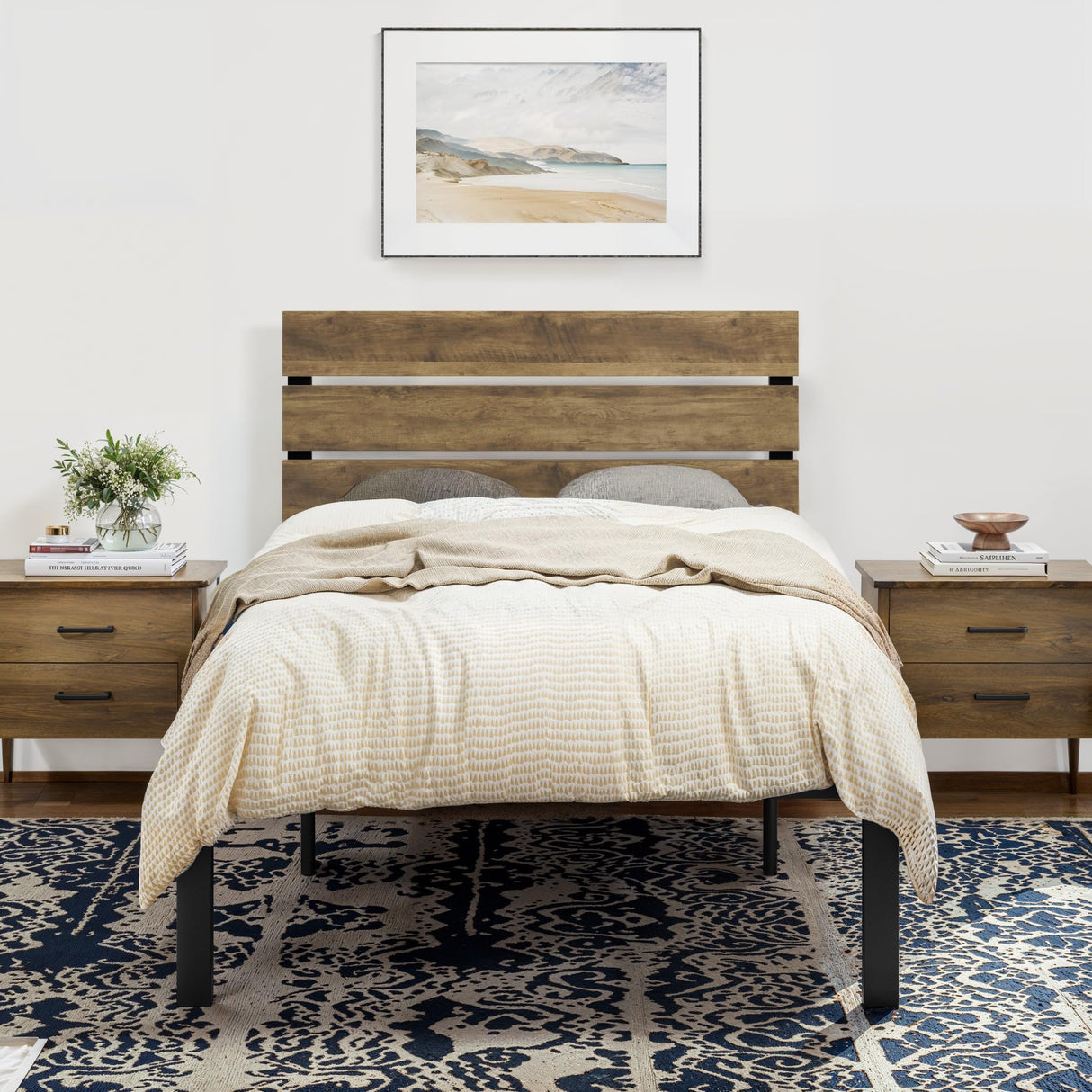 SHA CERLIN Twin Size Bed Frame with Rustic Wooden Headboard,3 Boards Design, Heavy Duty Metal Slats Support Platform, No Box Spring Needed, Light Brown SHA CERLIN