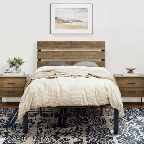 SHA CERLIN Twin Size Bed Frame with Rustic Wooden Headboard,3 Boards Design, Heavy Duty Metal Slats Support Platform, No Box Spring Needed, Light Brown SHA CERLIN