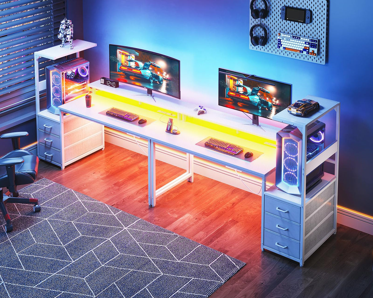 AODK 59 Inch Gaming Desk with USB Charging Ports & LED Light- Reversible Computer Desk with Storage Shelves & Monitor Stand, Modern Gamer Desk Table with Fabric Drawers & Side Hook, Carbon Fiber White AODK