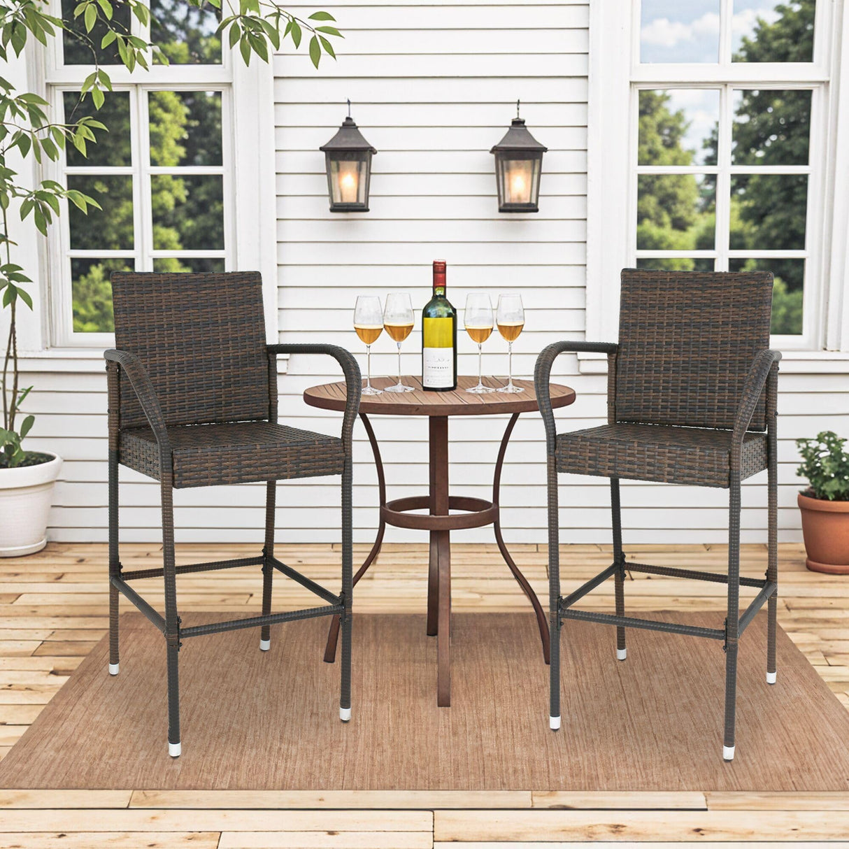 ZENY Set of 2 Wicker Barstool All Weather Dining Chairs Outdoor Patio Furniture Wicker Chairs Bar Stool with Armrest ZENY
