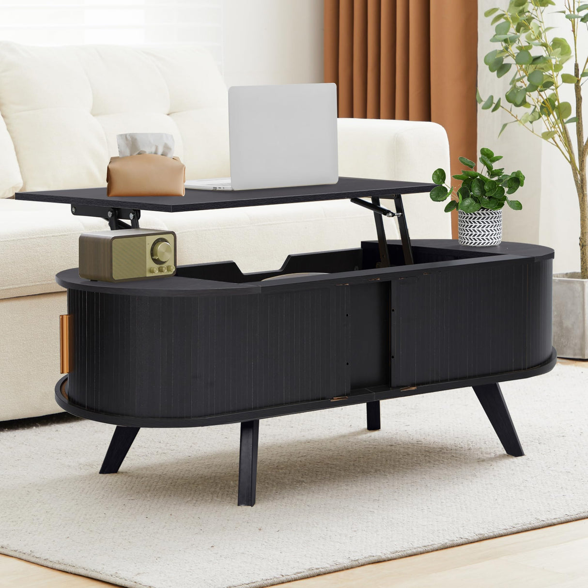 Bifins Lift Top Coffee Table with Storage,47.2" Oval Coffee Table with Sliding Tambour Door,Mid Century Modern Coffee Table with Lifting top for Living Room (Black, Tambour Door) Bifins