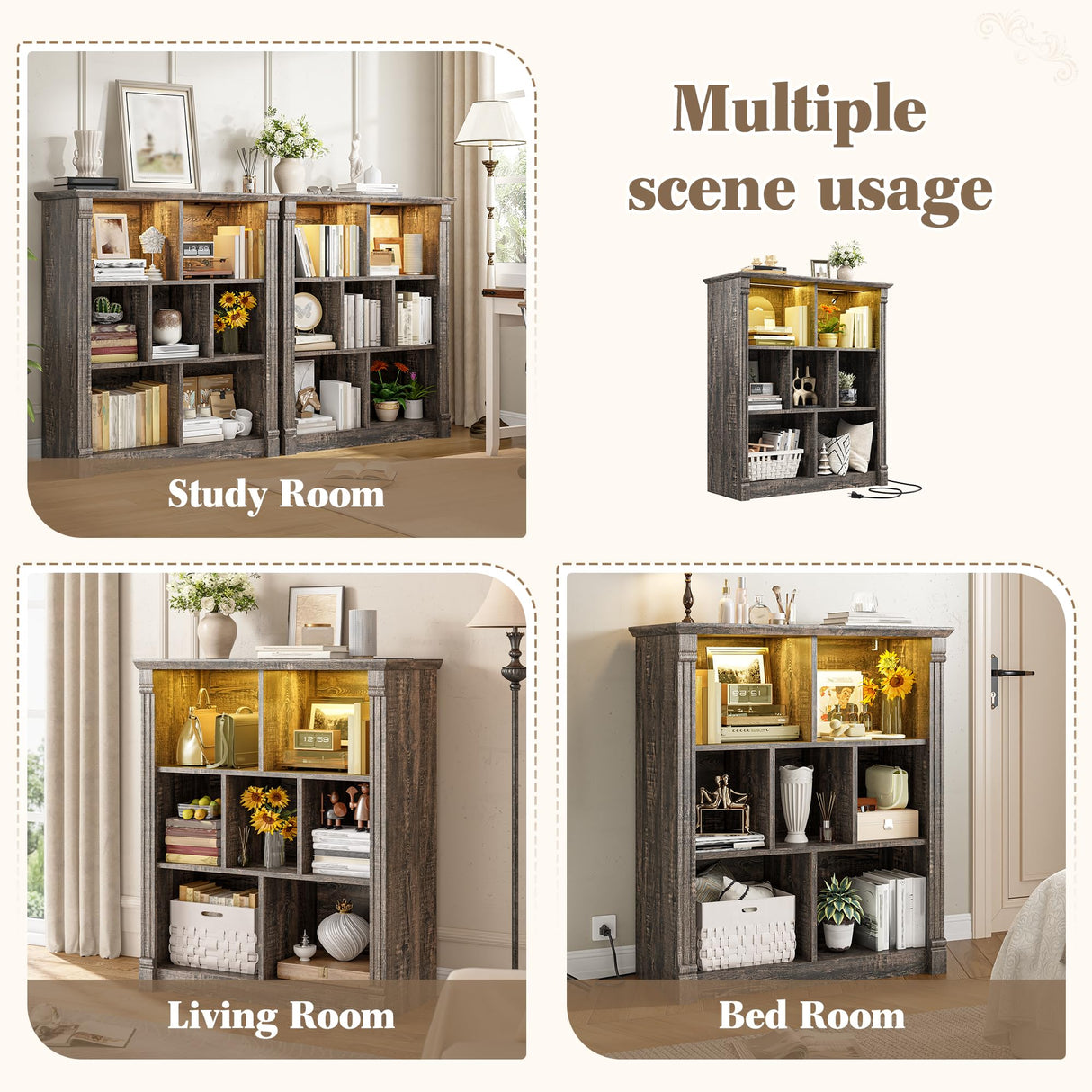 EnHomee 7 Cube Bookshelf Cubby Storage Organizer with LED Lights and Charging Station, Wood Shelf Display Cabinet for Bedroom, Living Room, Office Black Oak EnHomee