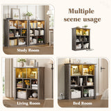 EnHomee 7 Cube Bookshelf Cubby Storage Organizer with LED Lights and Charging Station, Wood Shelf Display Cabinet for Bedroom, Living Room, Office Black Oak EnHomee