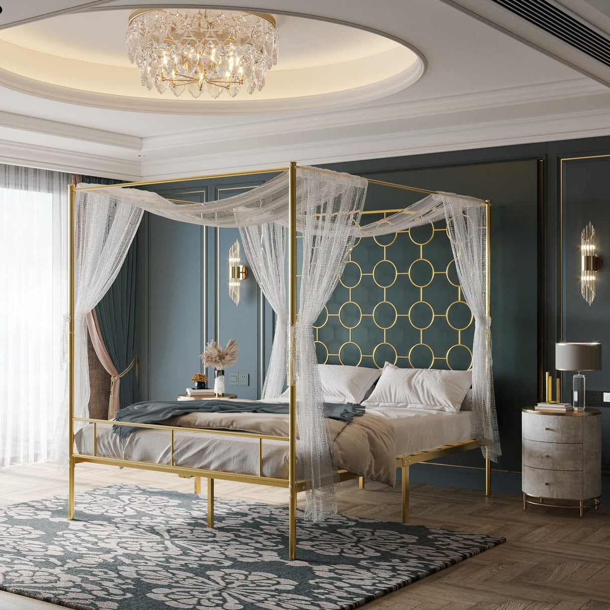 PAUKIN Gold Metal Canopy Bed Frame Queen/Mattress Foundation with Steel Slat Support/No Box Spring Needed/Easy Assembly, Queen PAUKIN