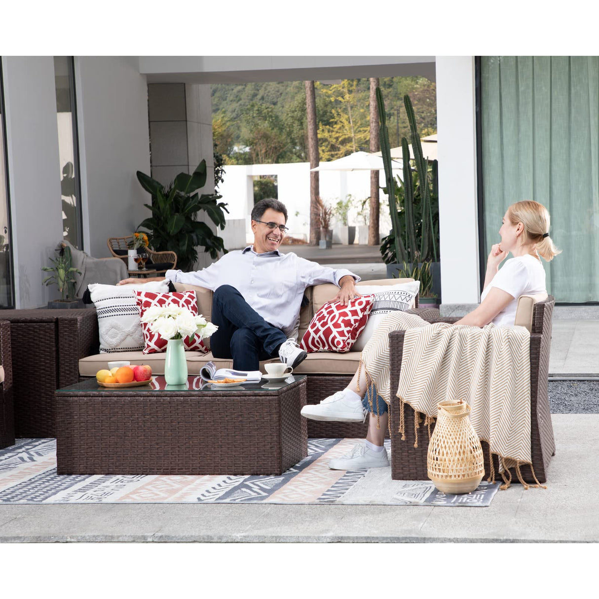 Super Patio 10 Piece Patio Furniture Set with Storage Box and Ottomans, Rattan Outdoor Conversation Set with Tempered Glass Coffee Table, Outdoor Sectional Sofa for Garden, Backyard, Deck, Brown Super Patio