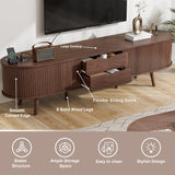 69" Mid Century Modern TV Stand with Charging Station, Farmhouse Curved Round Edge TV and Media Console Table with Drawer and Shelf, Fluted Entertainment Center for Living Room, Bedroom, Walnut Alohappy