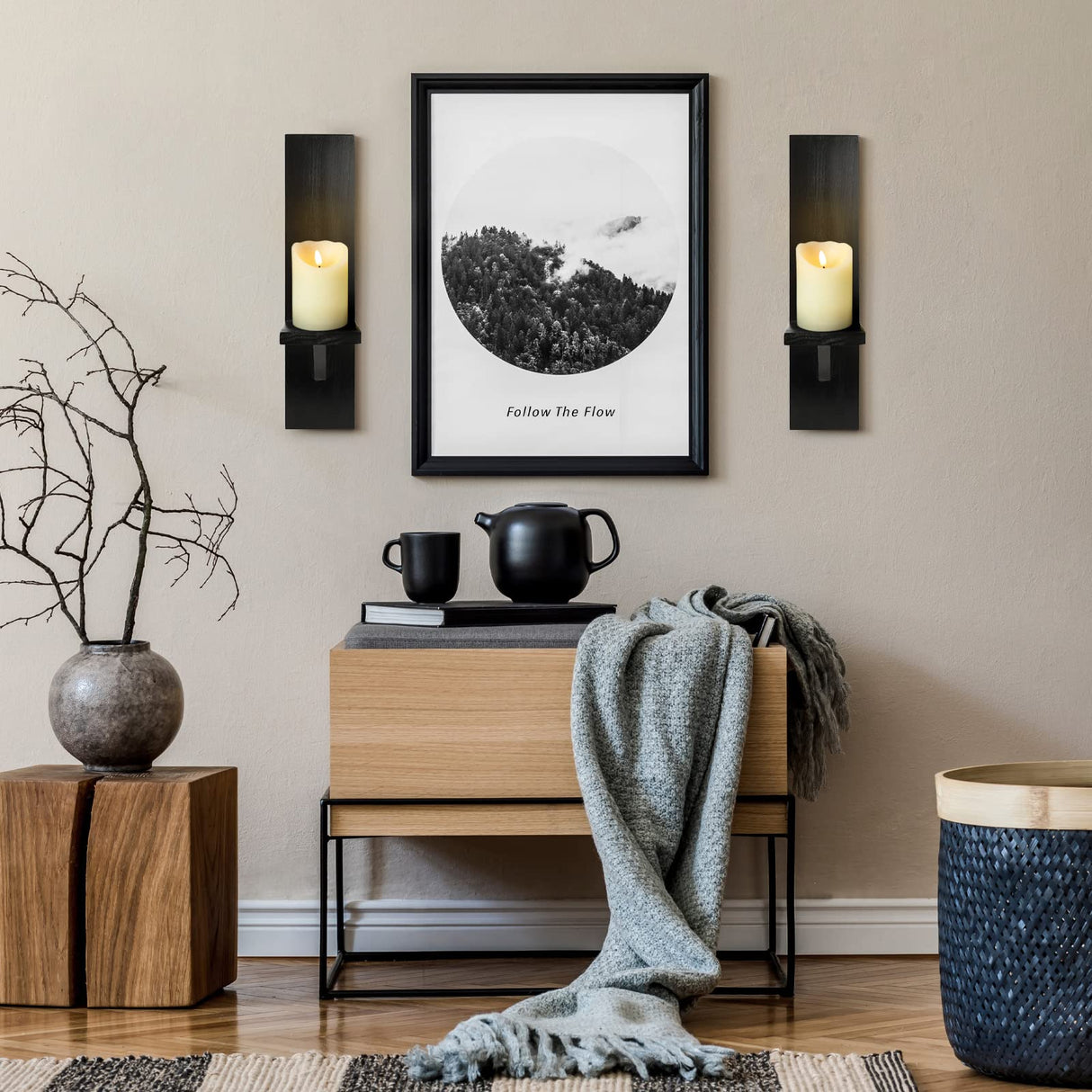 Wall Candle Sconces Set of 2, Decorative Wooden Candle Holder, Farmhouse Candle Sconce, Living Room Wall Decoration (Solid Black) SUJUN