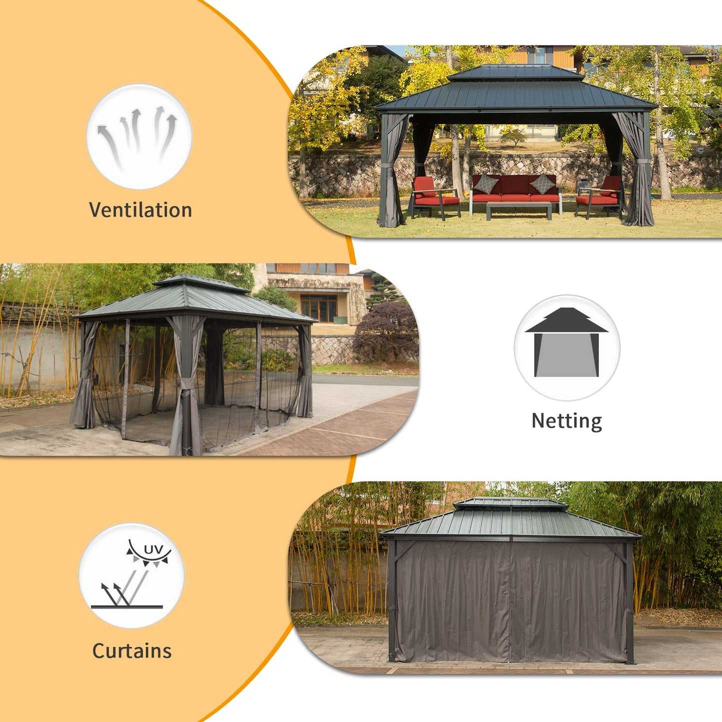 Domi 10' X 14' Hardtop Gazebo, Aluminum Metal Gazebo with Galvanized Steel Double Roof Canopy, Curtain and Netting, Permanent Gazebo Pavilion for Patio, Backyard, Deck, Lawn… - WoodArtSupply