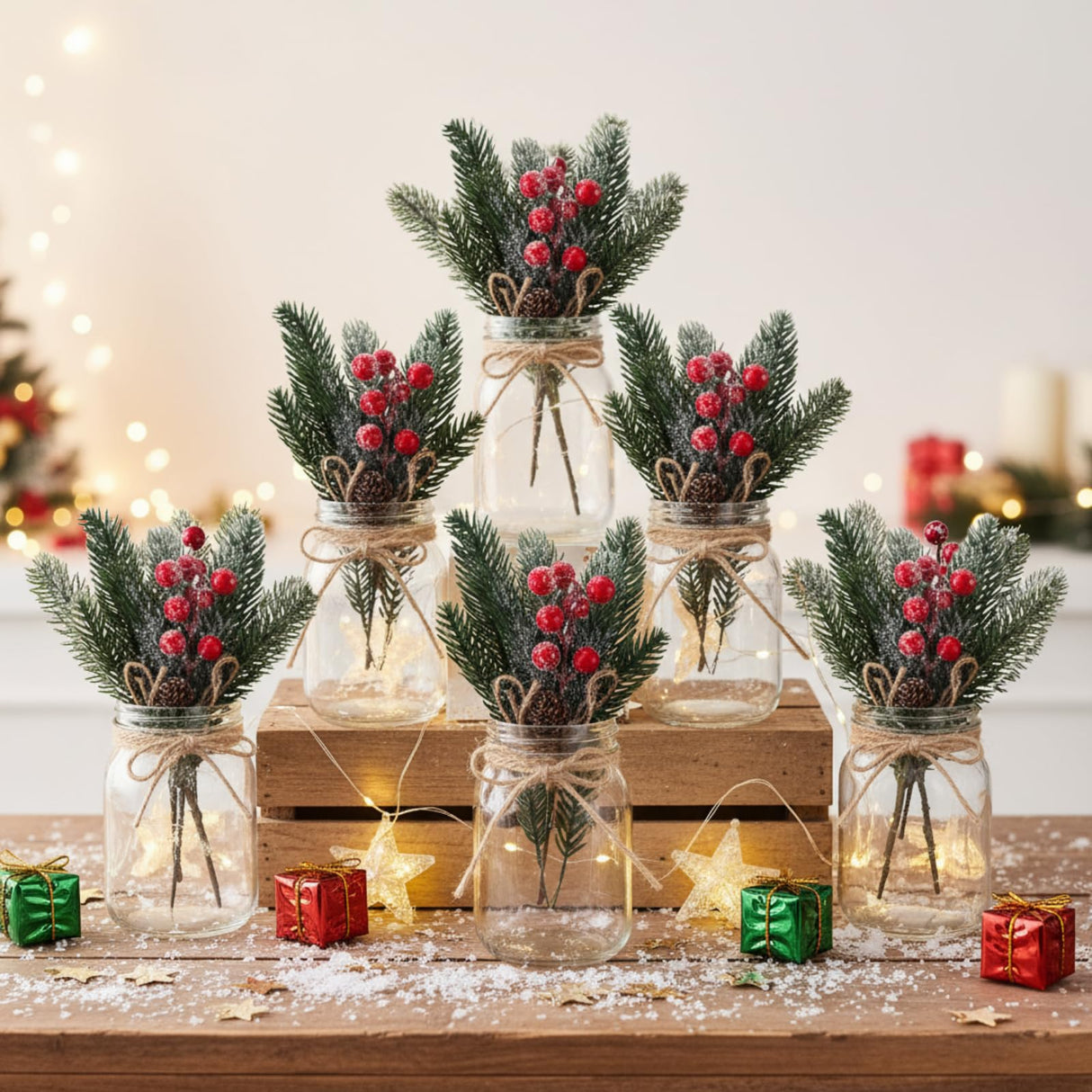 Mimorou 6 Sets Christmas Mason Jars Christmas Centerpieces for Tables Pine Cones & Red Berry, Farmhouse Decor Kitchen Table Decor Coffee Table Kitchen and Room Mimorou