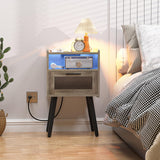 HAIOOU Set of 2 Mid Century Nightstand with Charging Station, Mid Century LED Light Modern End Table with Drawer, Glass Door, Open Shelf, Small Side Table Pine Wood Legs for Home Bedroom Living Room HAIOOU