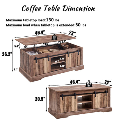 46" Fluted Lift Top Coffee Table with Sliding Door, Modern Center Table w/Adjustable Storage Shelf & Hidden Compartment, Coffee Table Converts to Dining Table for Living Room, Office (Light Brown)