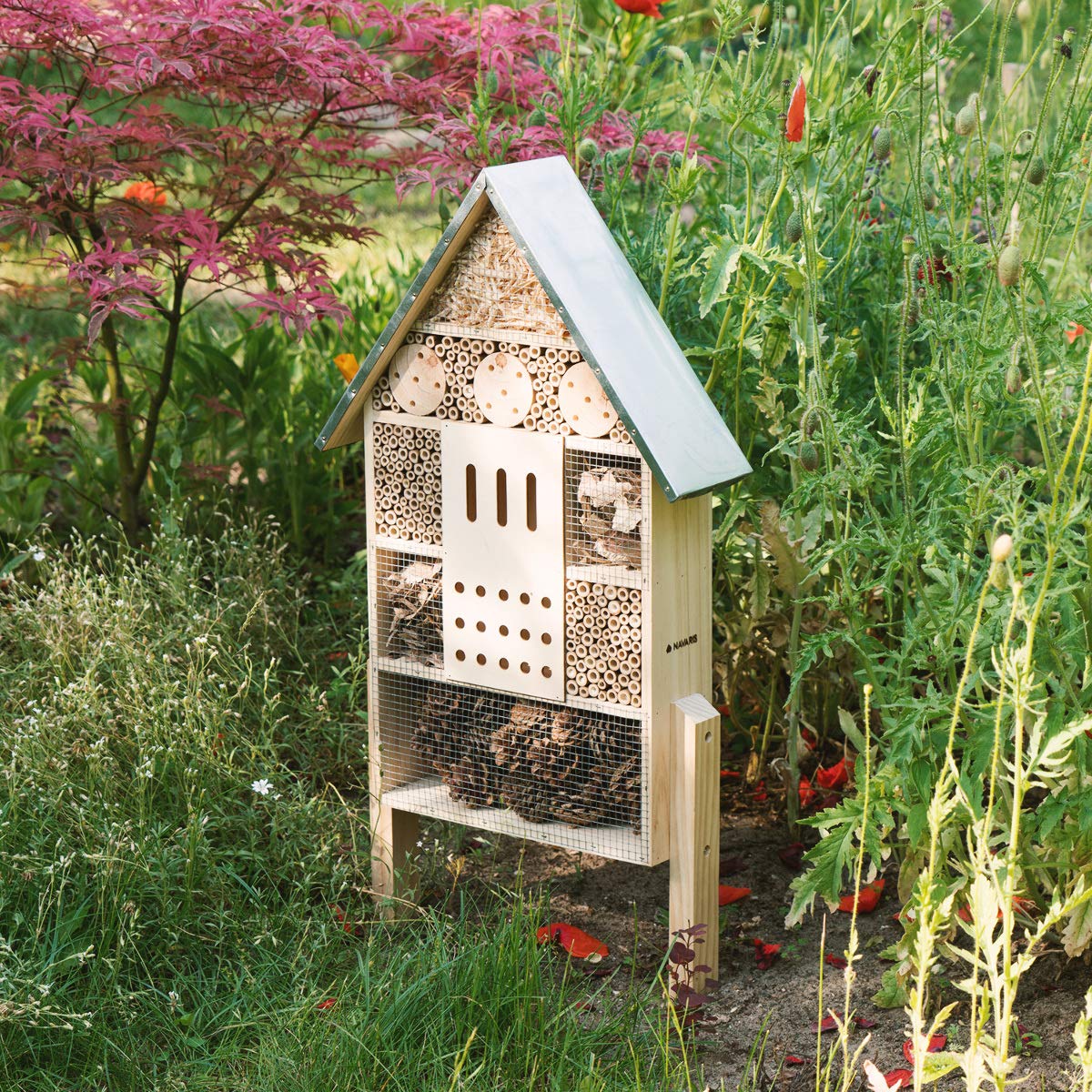 Navaris Insect House with Stakes - Extra Large Wooden Bug Hotel 22.4" H x 15" W - Bee, Butterfly, Ladybug Natural Nesting Habitat for Garden and Yard Navaris