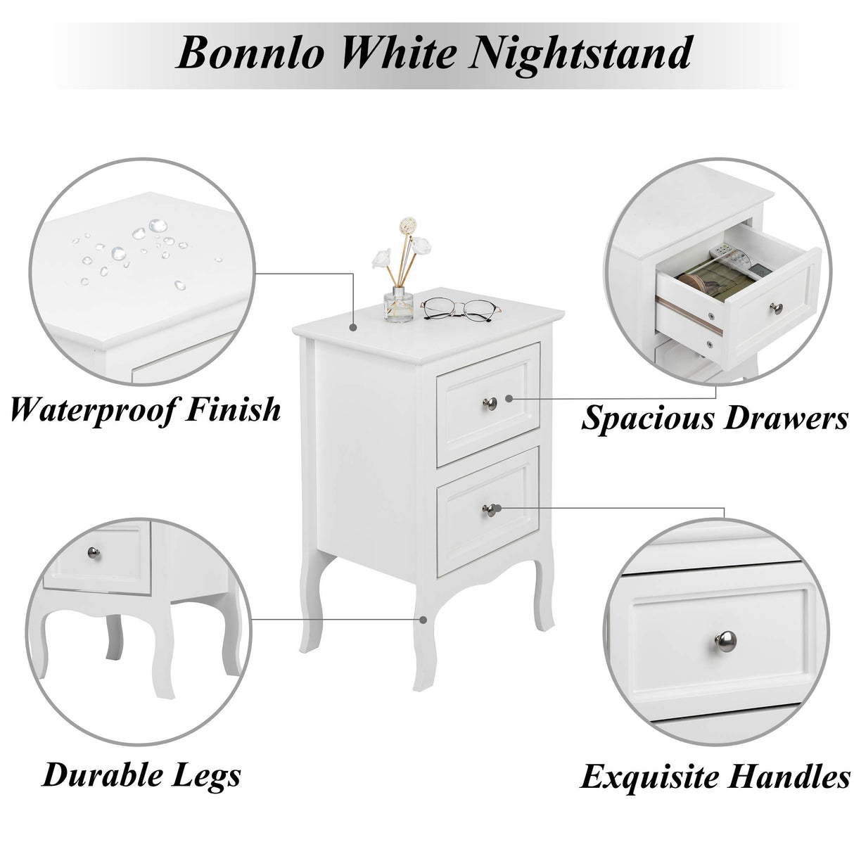 Bonnlo White Nightstand with 2 Drawers, Night Stands for Bedrooms, Small Bed Side Table/White Night Stand with Drawers for Small Spaces, College Dorm, Kids’ Room, Living Room, French, 16W x 12D x 24H Bonnlo