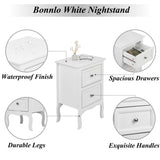 Bonnlo White Nightstand with 2 Drawers, Night Stands for Bedrooms, Small Bed Side Table/White Night Stand with Drawers for Small Spaces, College Dorm, Kids’ Room, Living Room, French, 16W x 12D x 24H Bonnlo