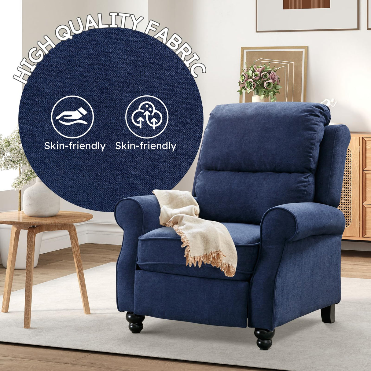 Bonzy Home Navy Blue Pushback Recliner Chair for Adults, Manual Fabric Accent Chair Recliner for Living Room Bedroom Bonzy Home
