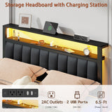 Furnulem Queen Bed Frame with Charging Station and LED Lights, Grey Upholstered Headboard with Shelves, Metal Platform Bed with 2 Under-Bed Storage (Fabric Drawer on Wheels), No Box Spring Needed Furnulem