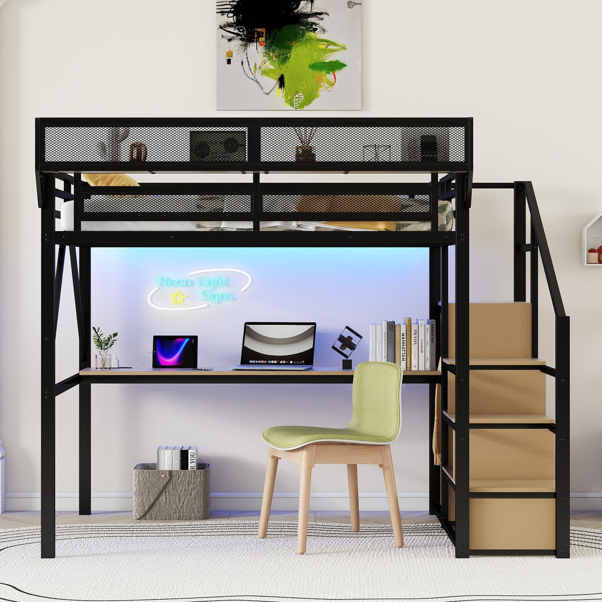 Full Loft Bed with Desk and RGB Light, Metal Loft Bed Frame with Stairs and Bedside Shelf, Heavy-Duty Lofts Beds with Storage Shelves and Wardrobe for Kids Teens, Black Mirightone