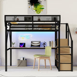 Full Loft Bed with Desk and RGB Light, Metal Loft Bed Frame with Stairs and Bedside Shelf, Heavy-Duty Lofts Beds with Storage Shelves and Wardrobe for Kids Teens, Black Mirightone
