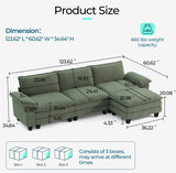 LINSY HOME 123'' Modular Sectional Sofa Green Couch Corduroy Cloud Couches for Living Room, L Shaped Couch with Movable Ottoman, Modern Cloud Sectional Sofas for Bedroom and Apartment, Green LINSY HOME