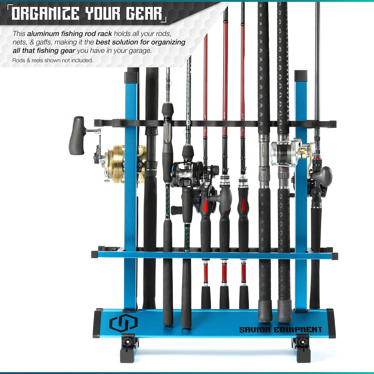 Savior Equipment Fishing Rod Rack Holder Organizer, Lightweight Aluminum Vertical Fish Pole Garage Storage Ground Display Stand, Hold Up to 24 Slots Fresh Salt Water Spinning Rods & Reel Combo, Blue Savior Equipment