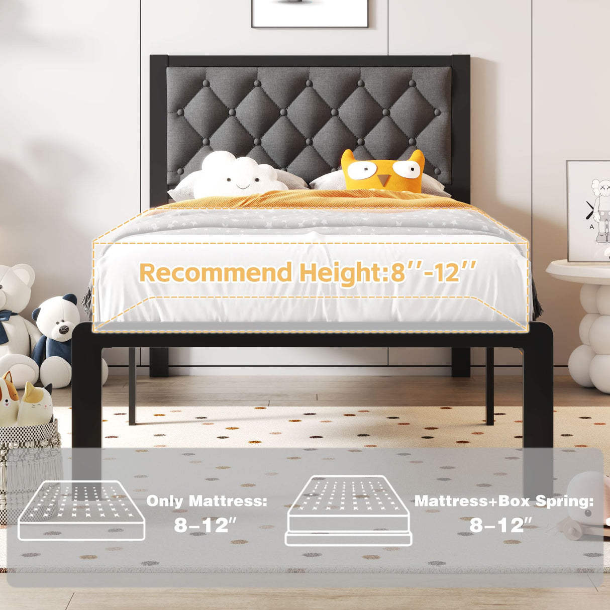 Fluest Twin Bed Frame with Headboard Linen Upholstered Bed Frame Platform,All Metal Slats Support Platform Bed Frame with Storage Space,Easy Assembly,Noise Free,No Box Spring Needed,Grey Fluest