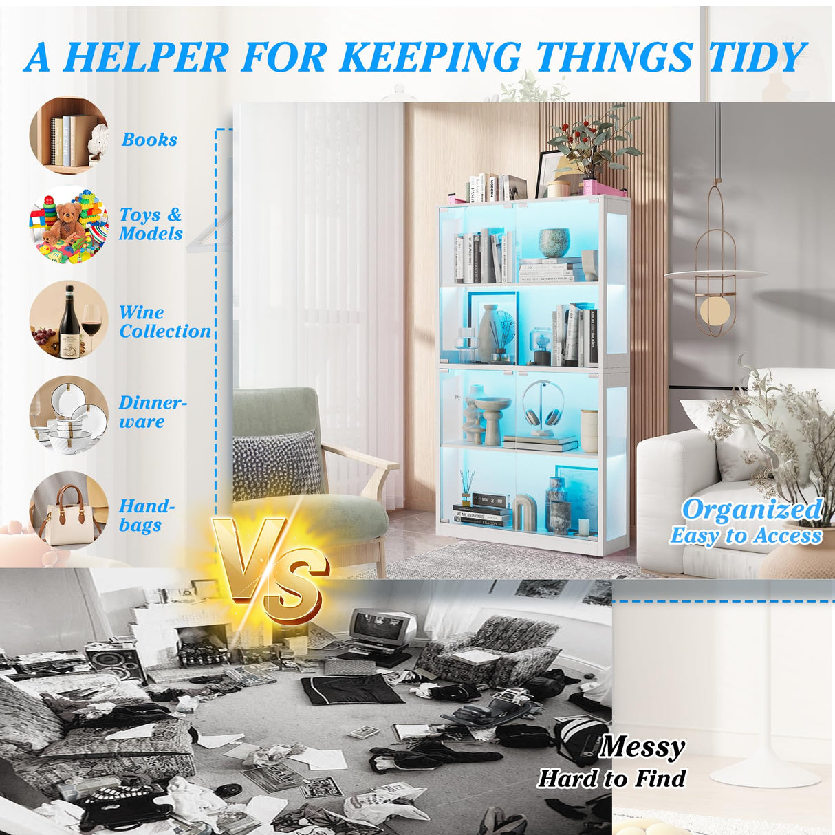 UTOASIS 65" Tall Glass Display Cabinet with Doors, 4-Tier Curio Cabinet for Collectibles with 12 LED Lights, Glass Display Case with 3 Shelves for Toys & Books, Home, Office and Playroom (White) UTOASIS