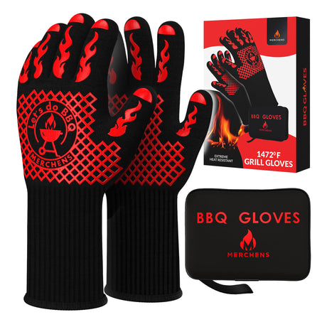 Pro-Series BBQ Gloves - Heat Resistant Grill, Grilling, and Oven Gloves for Culinary Experts - Extreme Fireproof Protection, Silicone Grip, Extra Long Mitts - Indoor & Outdoor - with Protective case M MERCHENS