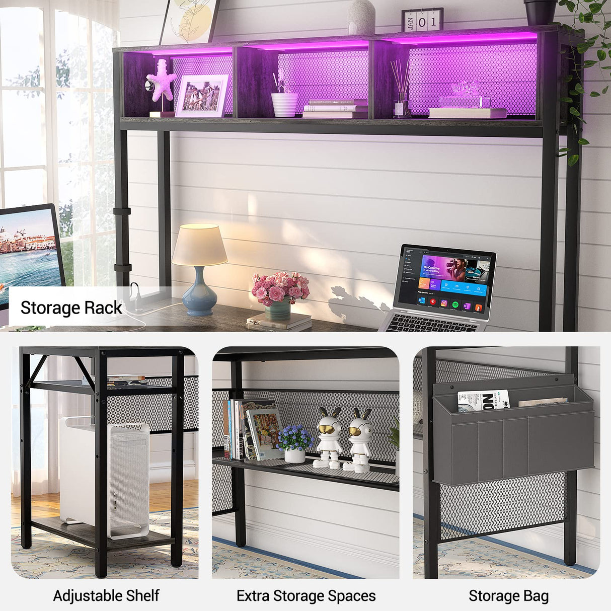 Aheaplus 55 Inch L-Shaped Gaming Desk with LED Lights & Power Outlets in Black Oak Aheaplus