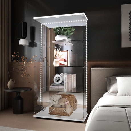 lunhung 65"H Glass Display Cabinet with LED Lights & Mirror Back Panel, 2 Doors Curio Storage Cabinet w/ Adjustable Feet & Lock, 4-Shelf Wood Top Display Case Bookshelf for Living room,Hallway (White) lunhung