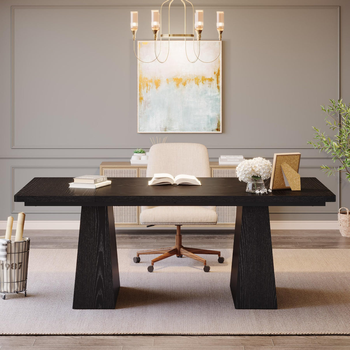 Tribesigns 63-Inch Executive Desk, Large Office Computer Desk with Double Pedestal, Modern Simple Workstations Writing Table Conference Table Business Furniture for Home Office, Black Tribesigns