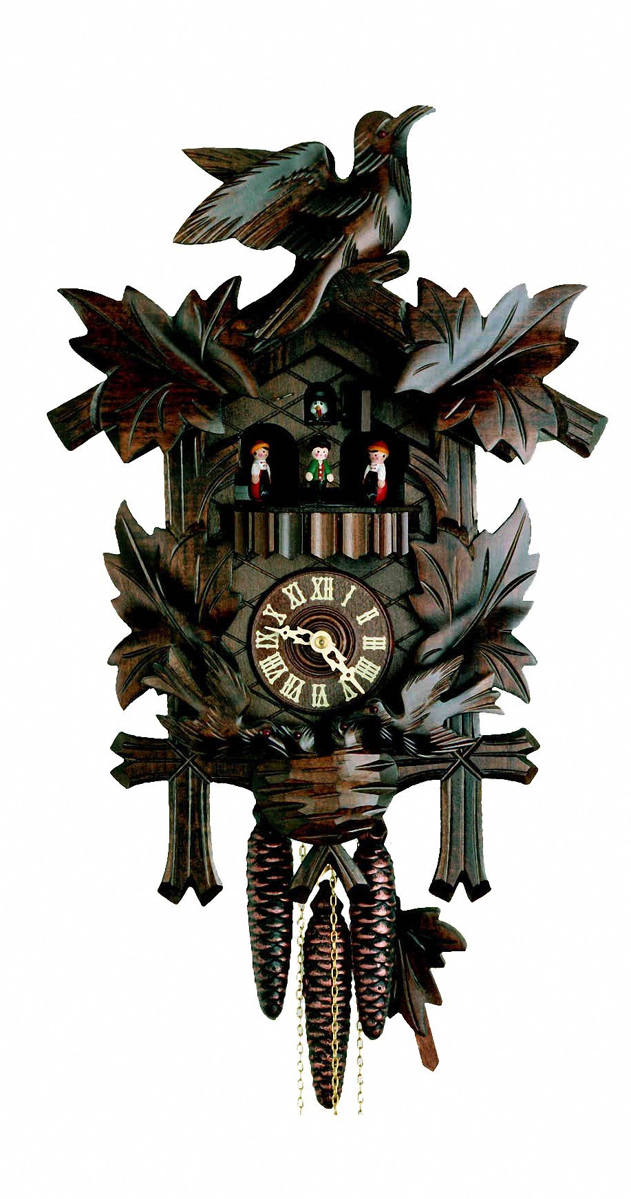 Hekas Cuckoo Clock Four Leaves, feeding Birds, Nest KA 3688 Kammerer Uhren Hekas