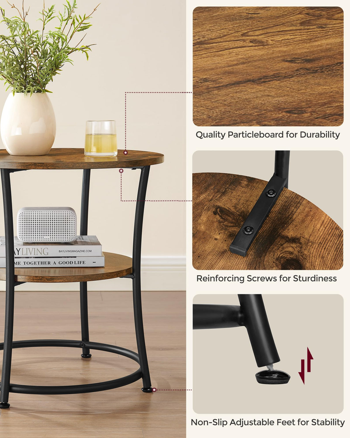 VASAGLE Side Table, Round End Table with 2 Shelves for Living Room, Bedroom, Nightstand with Steel Frame for Small Spaces, Outdoor Accent Coffee Table, Rustic Brown and Black VASAGLE