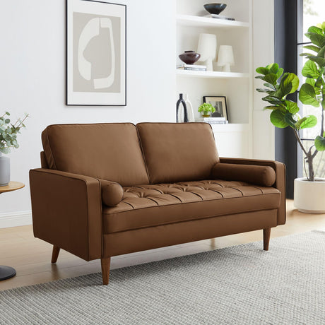Modway Valour 62 Inch Faux Leather Loveseat in Brown – Wide Faux Leather Loveseat Sofa with Wood Legs - Small 2-Seater Sofa with Tufted Seat for Living Room or Office Modway