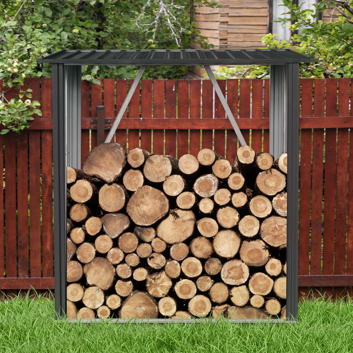JT Outdoor Steel Firewood Rack,Open Wood Shed with Sloped Roof for Firewood,Pellet,or Lumber Storage,Black (5ft*3ft) JT