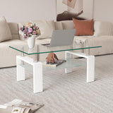 Glass Coffee Table for Living Room, Modern Coffee Table with Transparent Tempered Glass Top and White Metal Legs, Rectangle Tea Table for Home Meihua