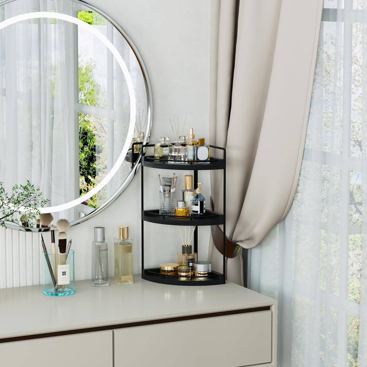 CeleVista Corner Bathroom Counter Organizer, 3 Tier Bathroom Sink Shelf Countertop, Wood Vanity Skincare Storage for Toiletries Decor, Makeup, Dresser(Black) CeleVista