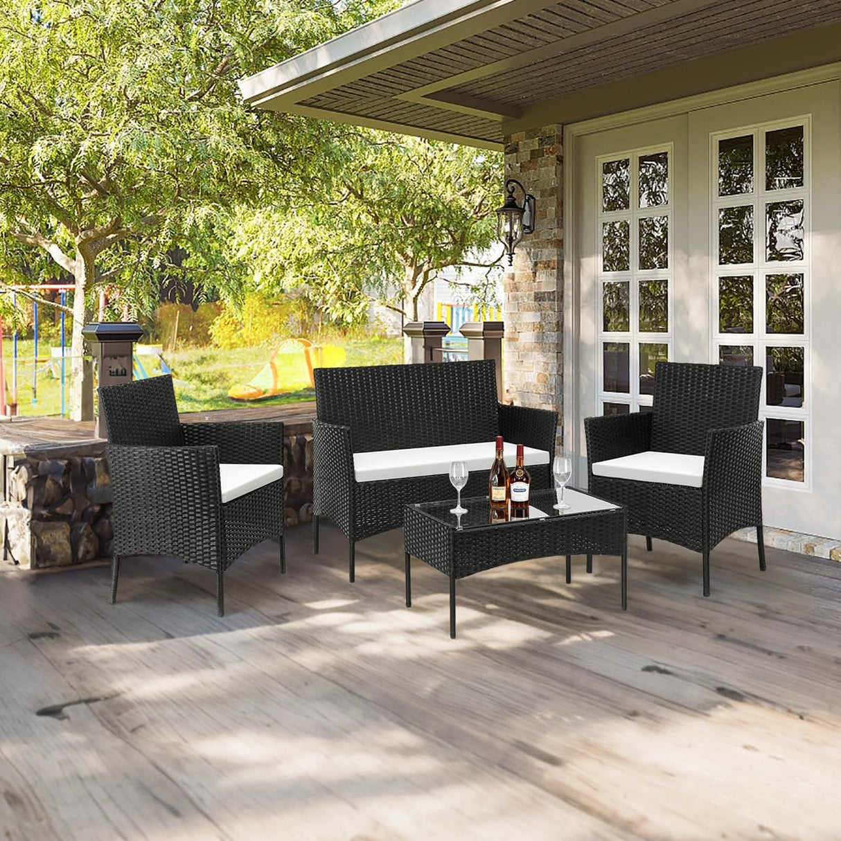 Outvita 4 Pieces Patio Furniture Set, Rattan Conversation Sets with Loveseat Soft Cushion and Glass Table for Garden Backyard Balcony Porch Poolside(Black) Outvita